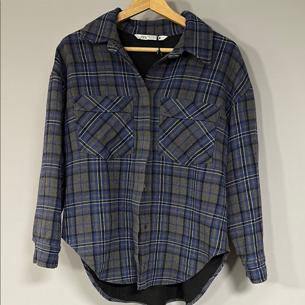 Zara Blue and Gray Plaid Flannel Jacket very oversized XS fits like XL